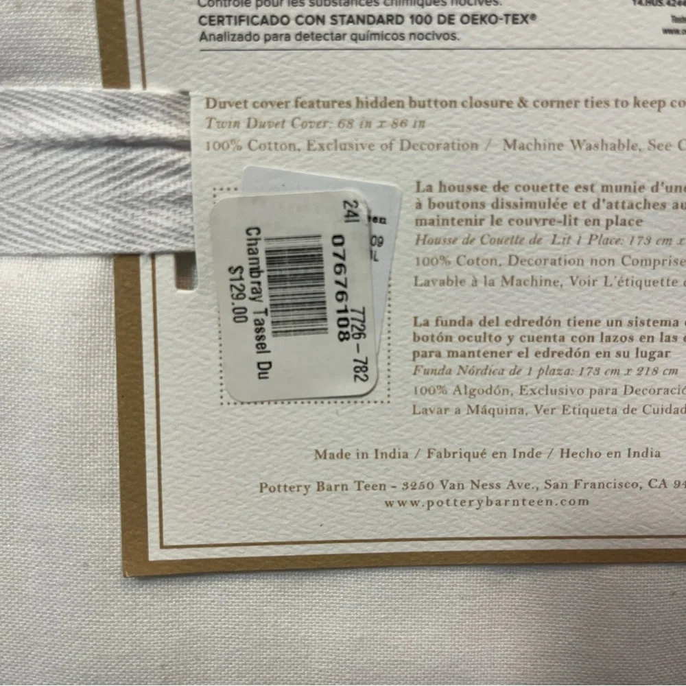 Pottery Barn Teen Kids Chambray Border Tassel Duvet Cover Twin White NWT $129